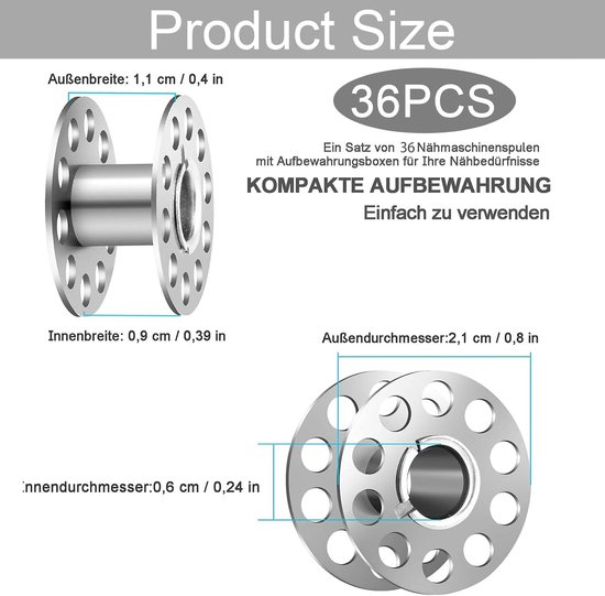Spoelen, 36 Stuks Universele Metalen Spoelen Naaimachine Draad Lege Metalen Spoel Naai Spools met Opbergdoos voor Thuis Naaimachines — afbeelding 2