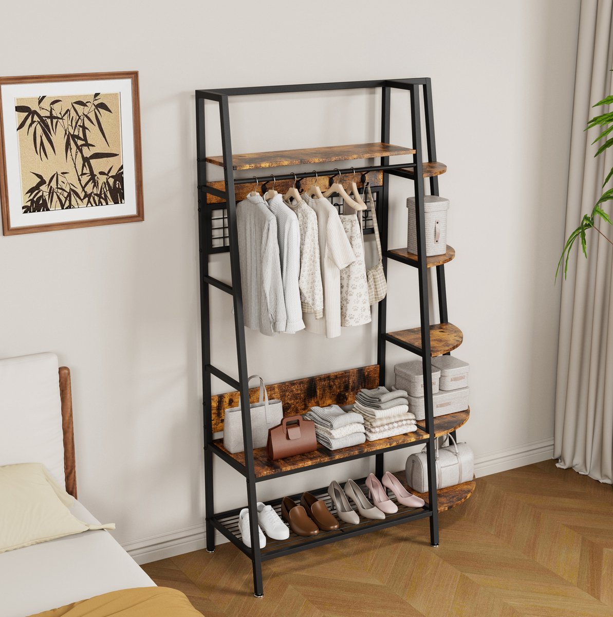 MEUNIQ Vrijstaand kledingrek 101 x 40 x 183 cm met 1 kledingstang en 3 planken, industrieel opbergrek voor hal, slaapkamer of thuiskantoor, zwart-bruin