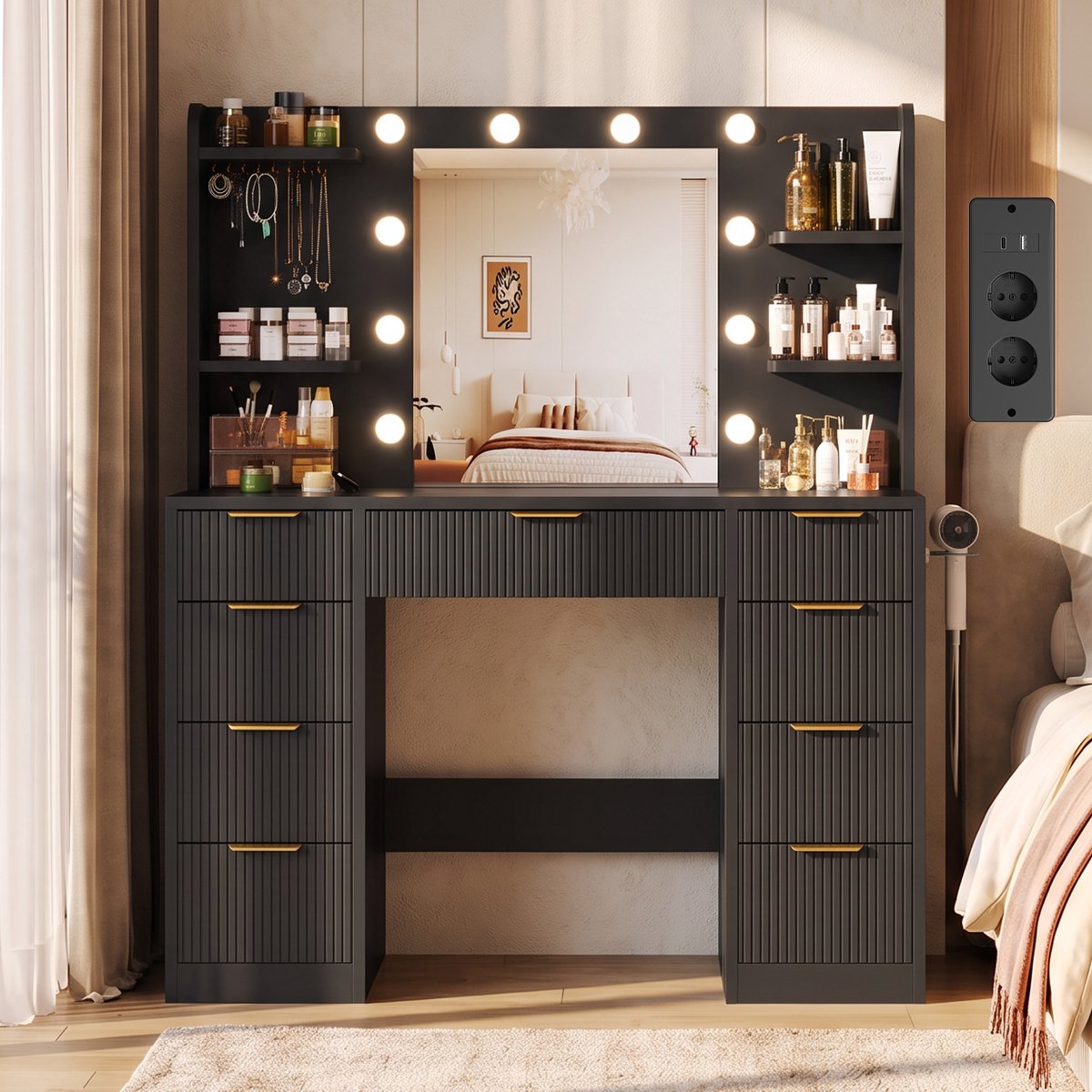Devoko Kaptafel met Spiegel en 12 LED-Lampen – 3 Lichtkleuren en Dimbare Verlichting – 9 Laden, Sieradenopberging en Föhnhouder – 2 Stopcontacten, USB en USB-C – 108 × 40 × 137 cm – Zwart