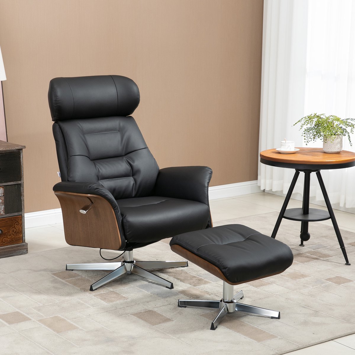REDOM Relaxfauteuil met hocker - Verstelbare rugleuning - Ligfunctie - 360° draaibaar - Tot 150 kg belastbaar - Kunstleer - Zwart - 80 x 84 x 108 cm