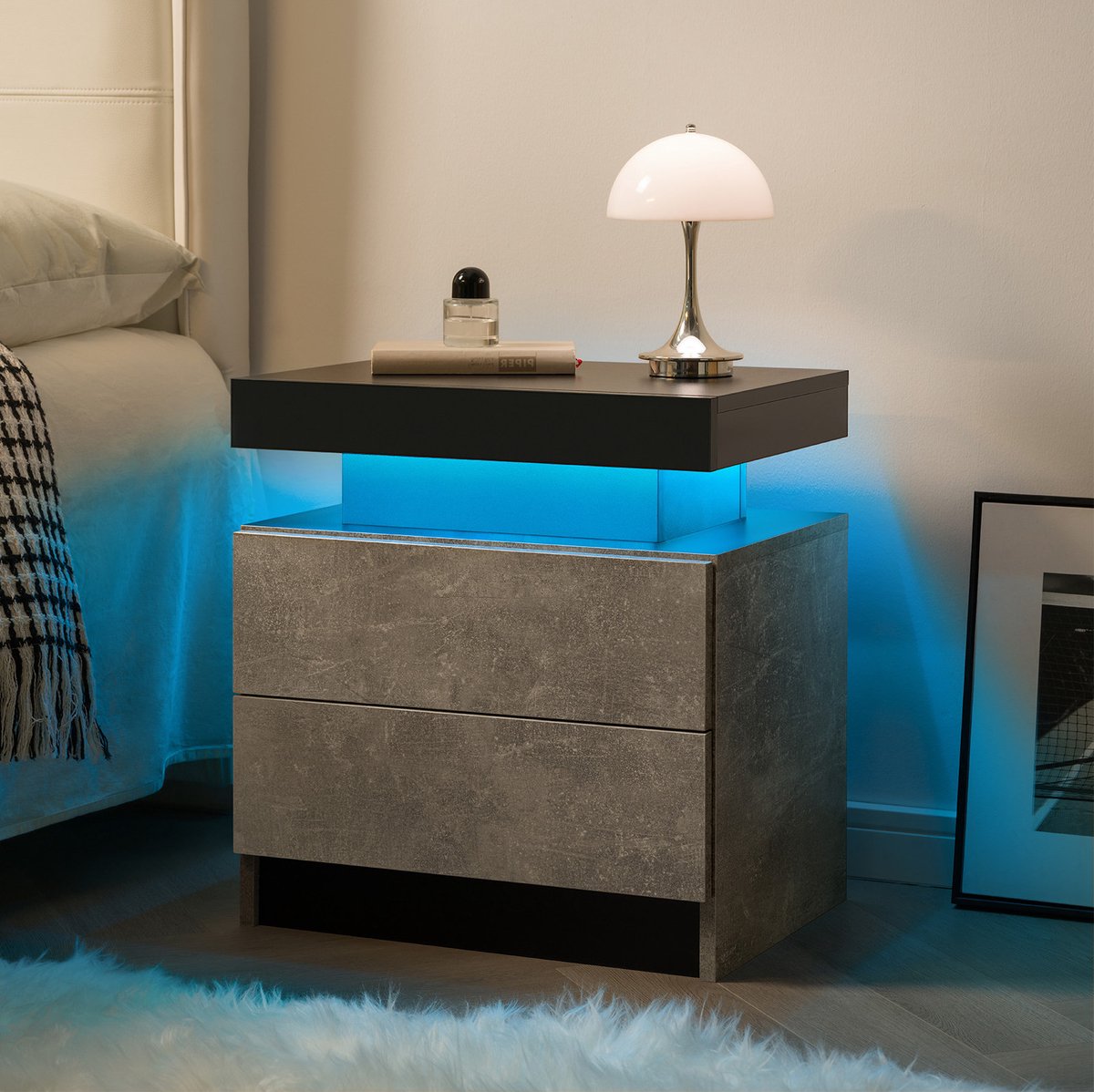 MEUNIQ LED-nachtkastje met 2 lades en verstelbare meerkleurige verlichting, 49 x 34,8 x 52,07 cm, bedtafel voor slaapkamer en woonkamer, grijs