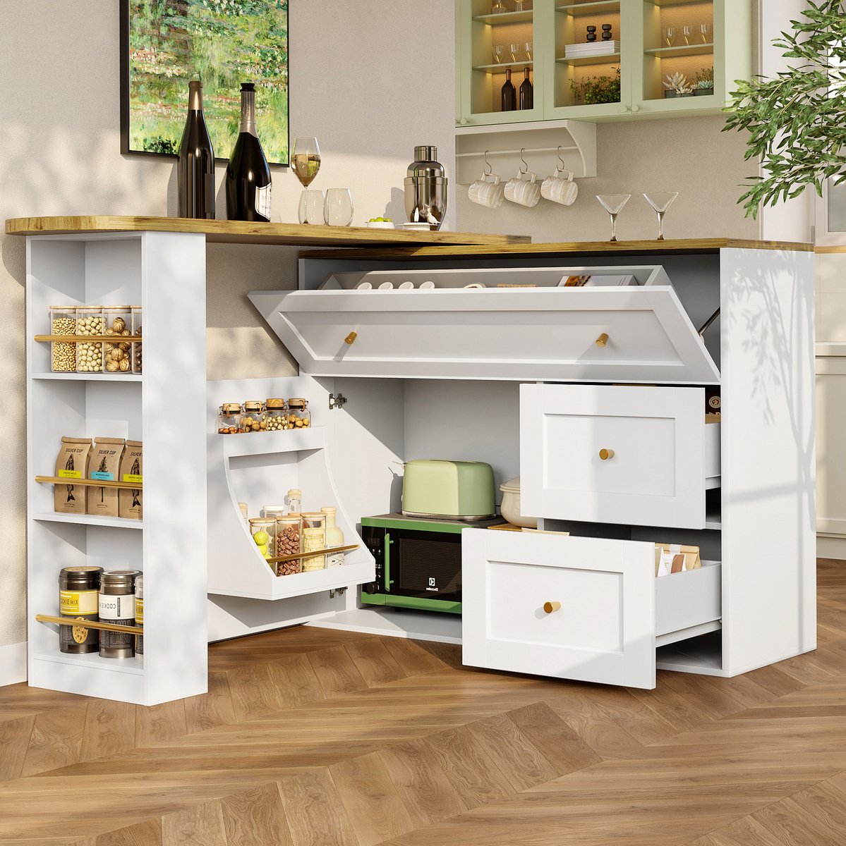 MEUNIQ Uitschuifbare bartafel met opbergruimte en snackrek, 138–204 x 39 x 105 cm, draaiplateau, klaplades en kastdeuren voor keuken of woonkamer, wit
