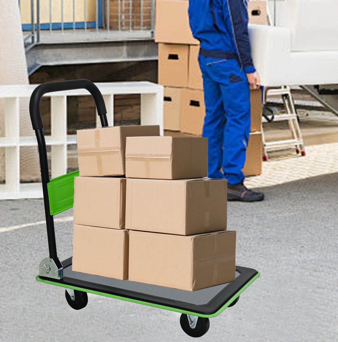 MEUNIQ Opvouwbare plateauwagen 73 x 47 x 83 cm – 150 kg draagvermogen, stalen transportkar met 360° zwenkwielen voor magazijn en verhuizing, groen