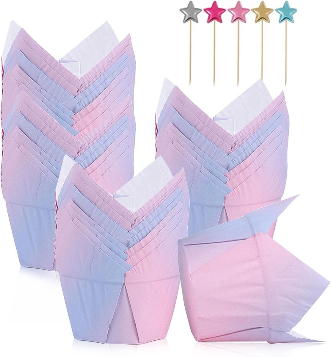 100 Stuks Muffinvormpjes van Papier met 50 Tulpen Cupcake Toppers voor Feestjes en Verjaardagen - Perfect voor Bakken van Cupcakes en Muffins in Roze-Blauw
