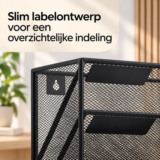 Detail van de zwarte metalen wandorganizer met een label op elk vak.