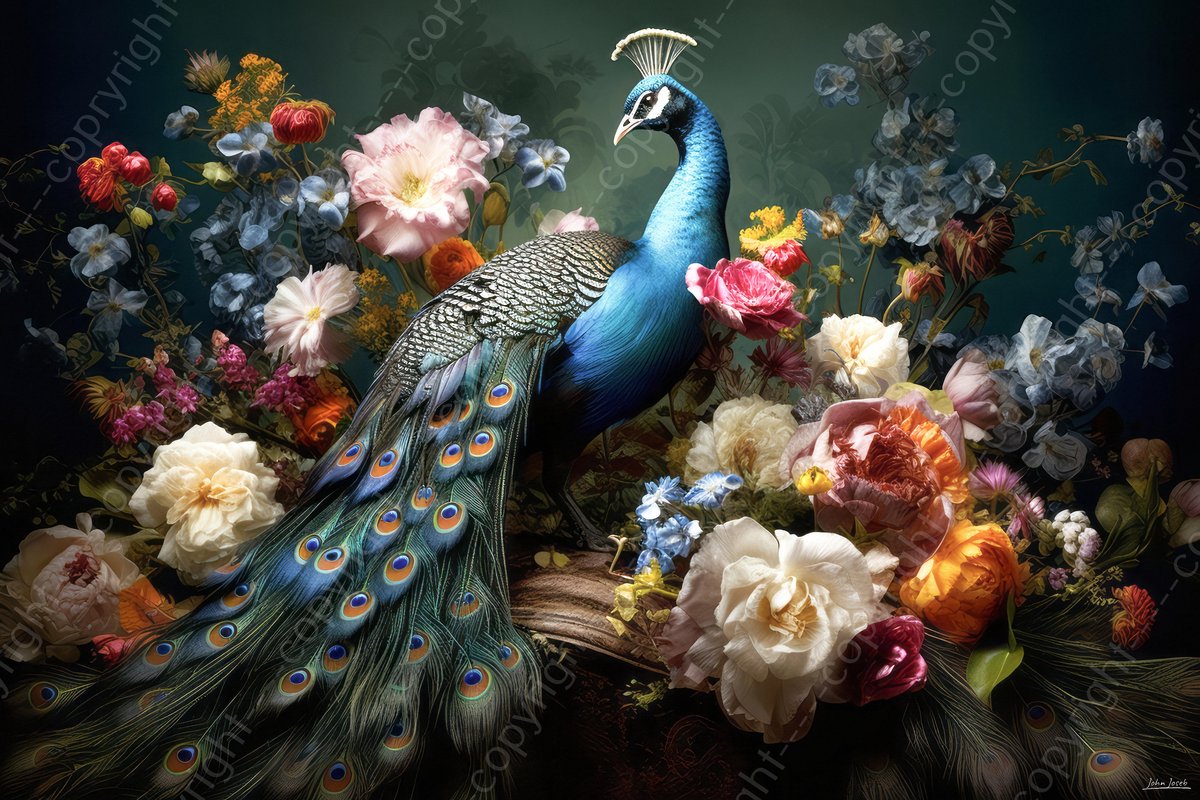 John Joseb Art (Aluminium) 120x80 | Pauw met bloemen, kunst, woonkamer, slaapkamer | vogel, dier, rood, blauw, groen, geel, bruin, modern | foto-schilderij op dibond, metaal wanddecoratie