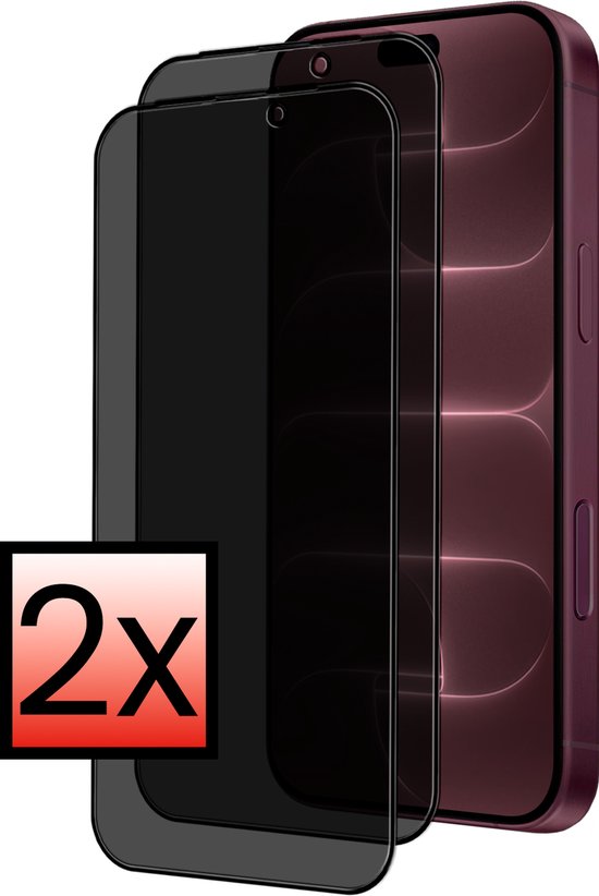Twee privacy screenprotectors voor een paarse telefoon, met een '2x' logo.