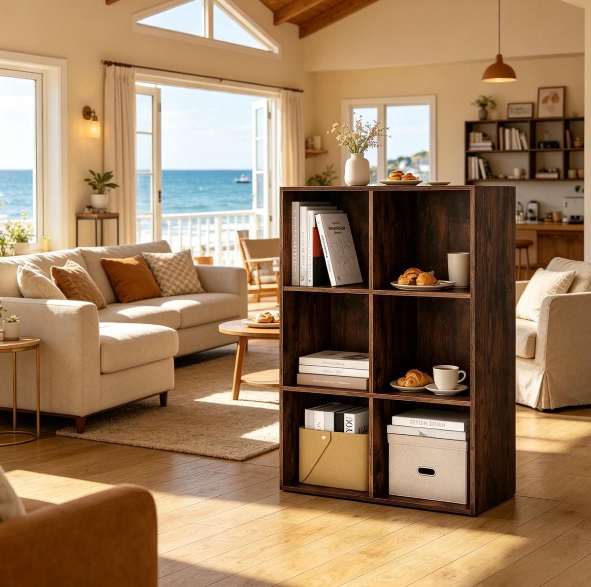 DESMIU Boekenkast – Zes Open Vakken – 59,6 x 89 x 29 cm – Hout – Rustiek Bruin – Staand of Liggend – 15 kg per Vak – Voor Woonkamer en Werkkamer Rustic Brown