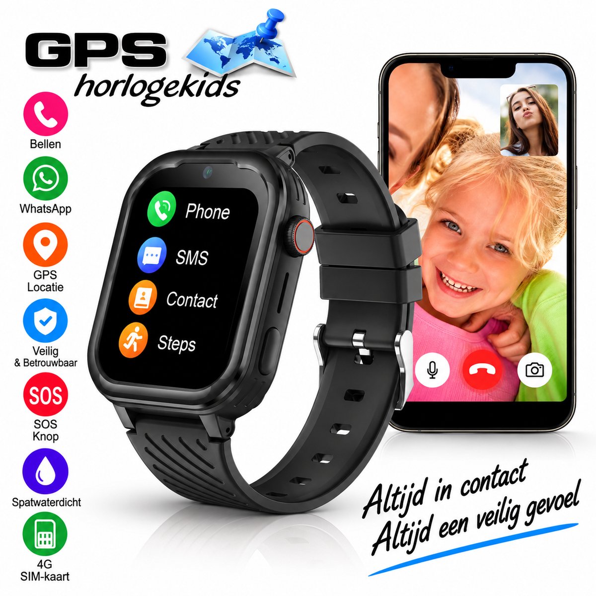 Bol.com GPSHorlogeKids© - GPS horloge kind - smartwatch kinderen - WhatsApp - 4G videobellen - spatwaterdicht - SOS alarm - SMS ... aanbieding