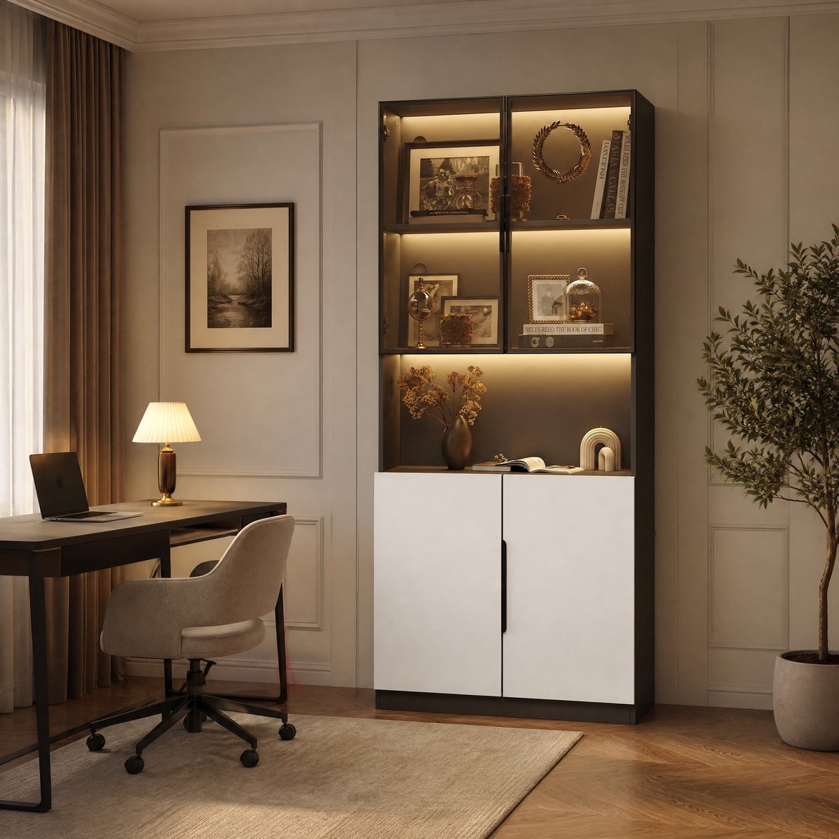 MEUNIQ Vitrinekast 80 x 30 x 200 cm met glazen deuren, LED-verlichting, verstelbare plank en gesloten opbergruimte voor woonkamer, wit zwart