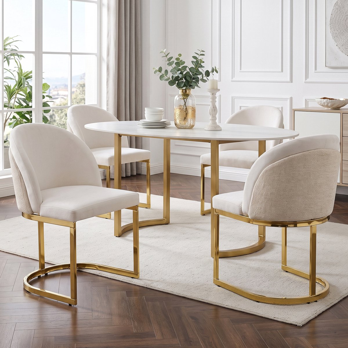 MODENUIT Eetkamerstoel - Set Van 4 - Zonder Armleuningen - Voor Eetkamer En Café - Chenille Beige Goud Beige en goud