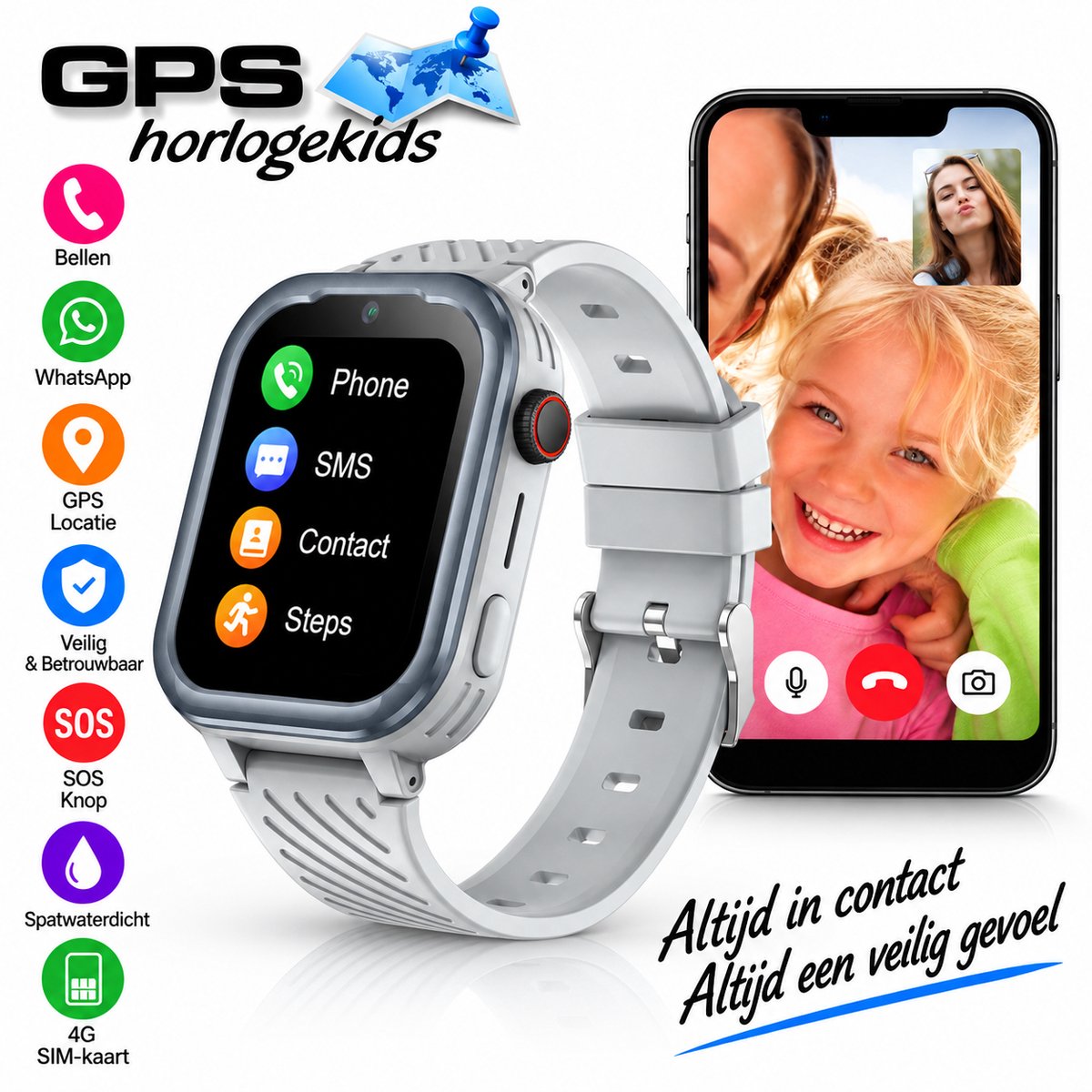 GPSHorlogeKids© - GPS horloge kind - smartwatch kinderen - WhatsApp - 4G videobellen - spatwaterdicht - SOS alarm - SMS - incl SIM - Turn Grijs