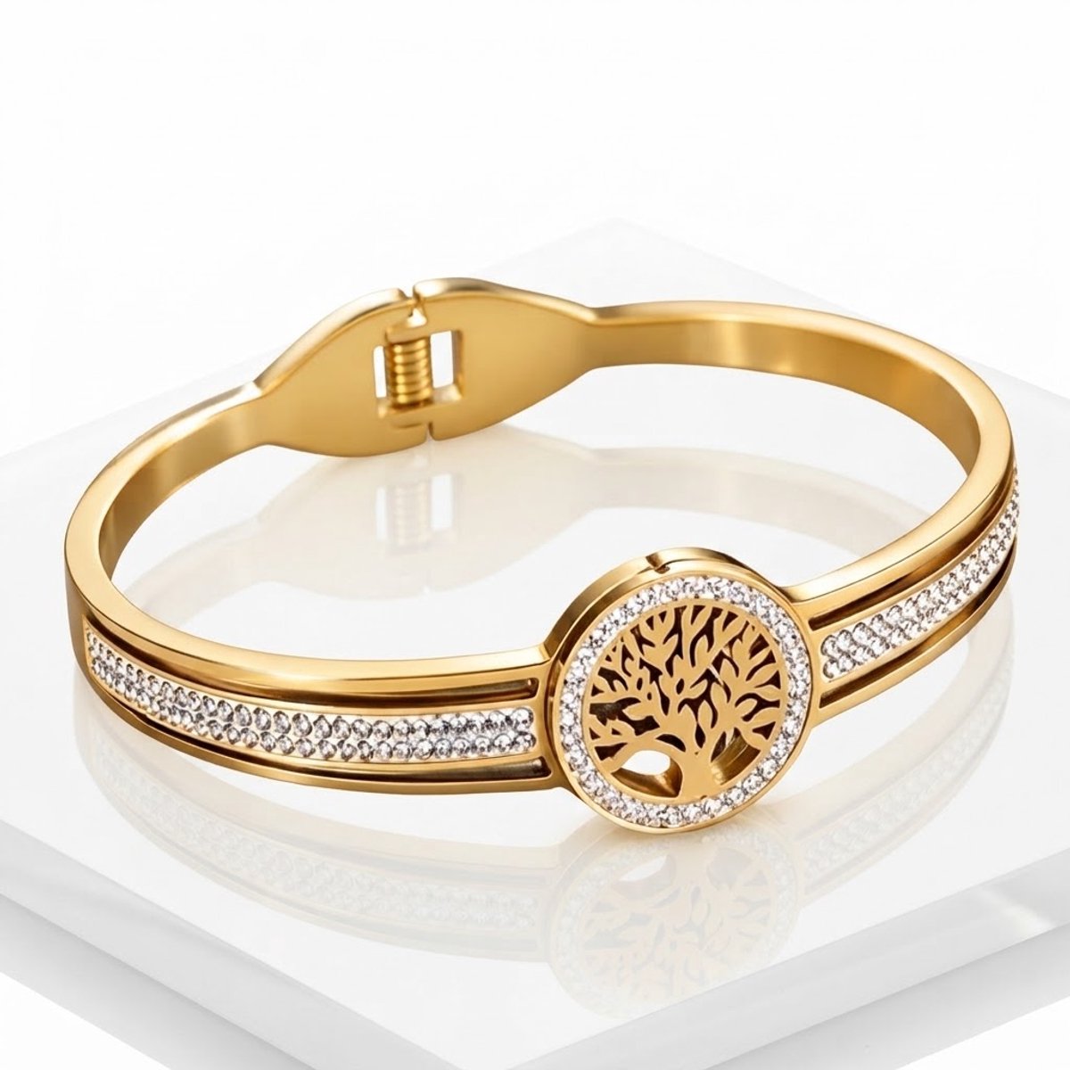Luxamore® Armband Dames – Levensboom – RVS Bangle met Siersteentjes – Goudkleurig – Cadeau voor Vrouwen