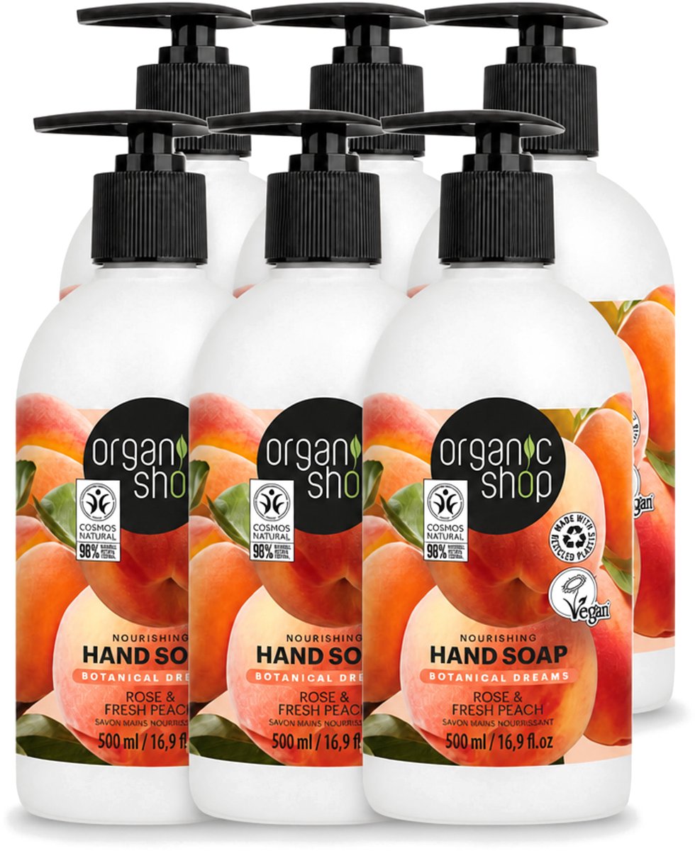 6 x Organic Shop - Handzeep Rose & Peach - Verzorgend en Hydraterend - 500 ml - Voordeelverpakking - 6 stuks