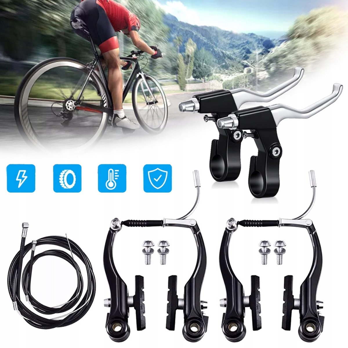 Aluminium V-Remset Voor Fietsen – HR En VR Complete Set Met Remblokken – Stil En Krachtig Remmen – Universele Pasvorm – Voor Mountainbikes En Racefietsen
