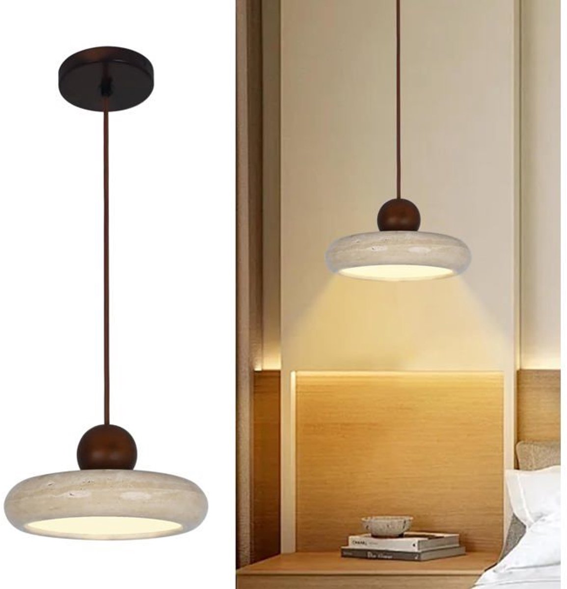 Wabi-sabi hanglamp - Natuursteen - Massief hout - Restaurant/Bar - Uniek