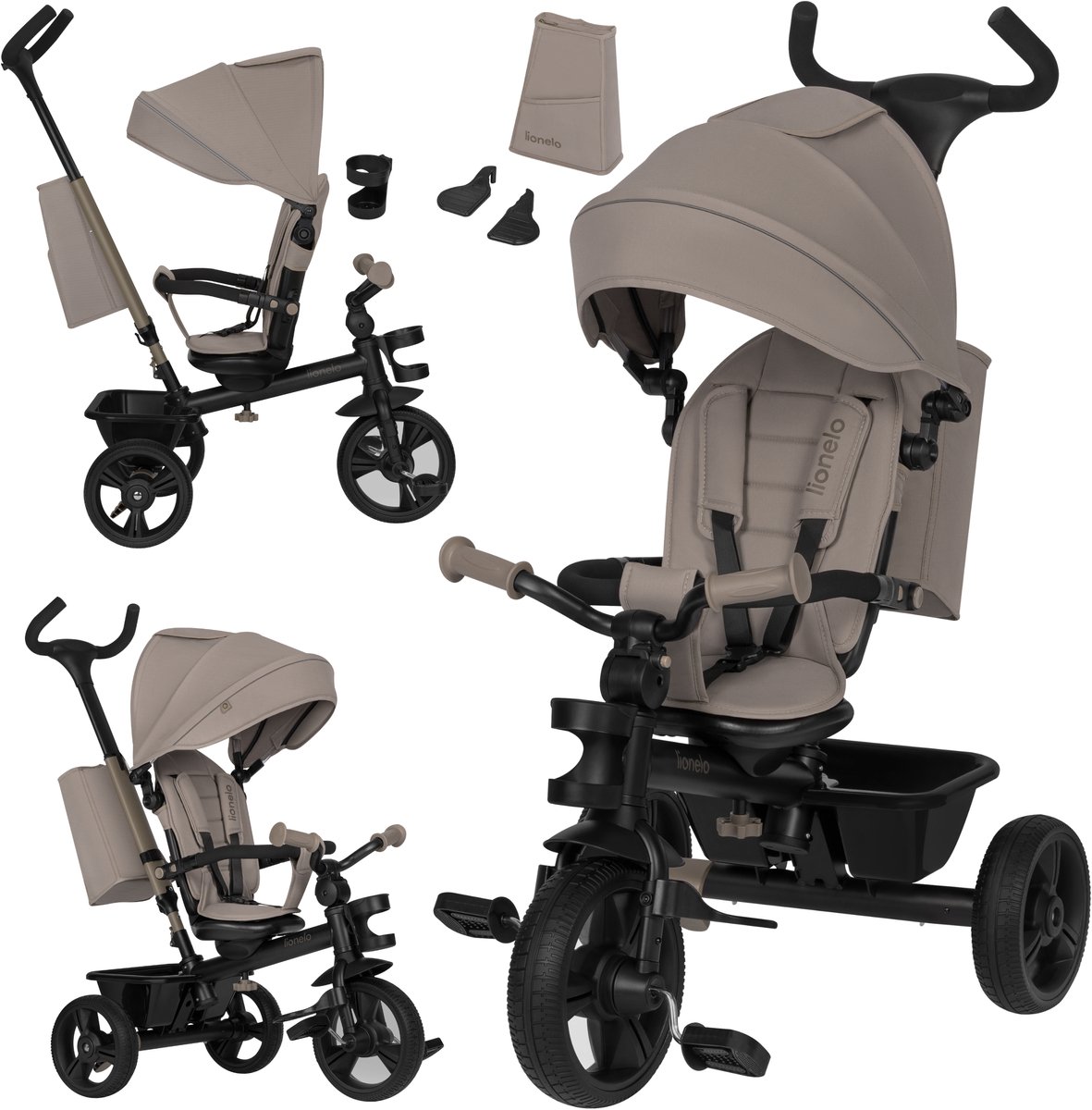 Lionelo Haari Driewieler 2in1 – Loopfiets & Driewielfiets – Vanaf 18 Maanden tot 5 Jaar – Tot 25 kg – Draaibare Zitting Voorwaarts & Achterwaarts – Verstelbare Duwstang – Onderhoudsvrije PU-Wielen – Luifel – 3-Puntsgordel – Mand & Tas – Bekerhouder