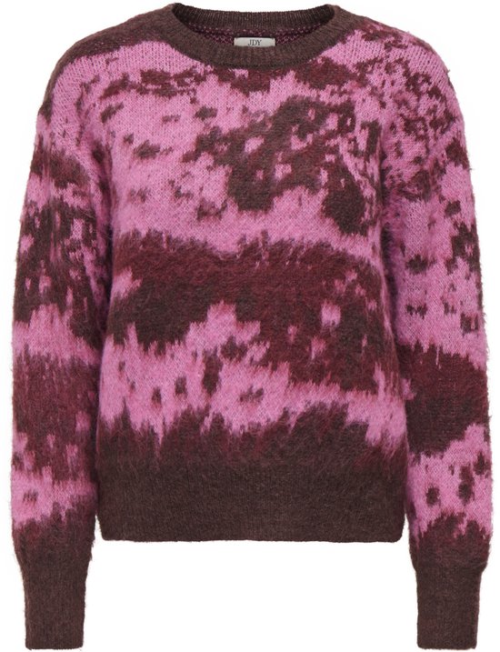 Een roze trui met bruine tie-dye print, met merklabel.