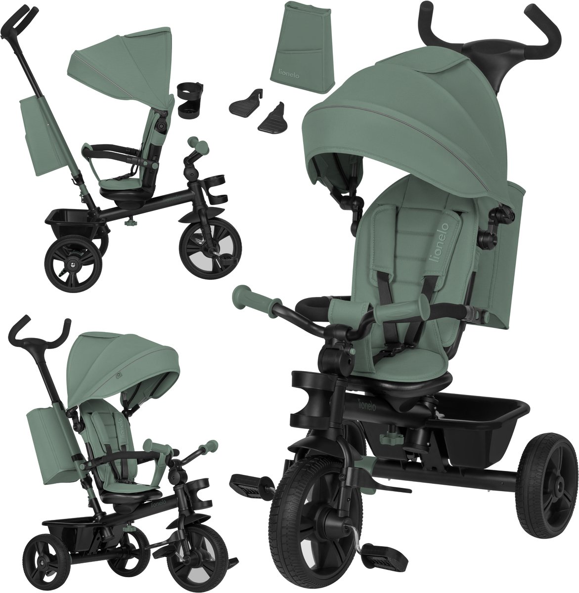 Lionelo Haari Driewieler 2in1 – Loopfiets & Driewielfiets – Vanaf 18 Maanden tot 5 Jaar – Tot 25 kg – Draaibare Zitting Voorwaarts & Achterwaarts – Verstelbare Duwstang – Onderhoudsvrije PU-Wielen – Luifel – 3-Puntsgordel – Mand & Tas – Bekerhouder