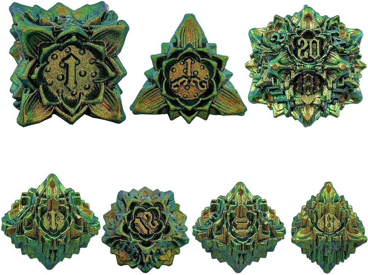 Handgemaakte DND Dobbelstenen Set van 7 Stukken in Metaal, Geel en Groen voor Dungeons and Dragons RPG en Rollenspel