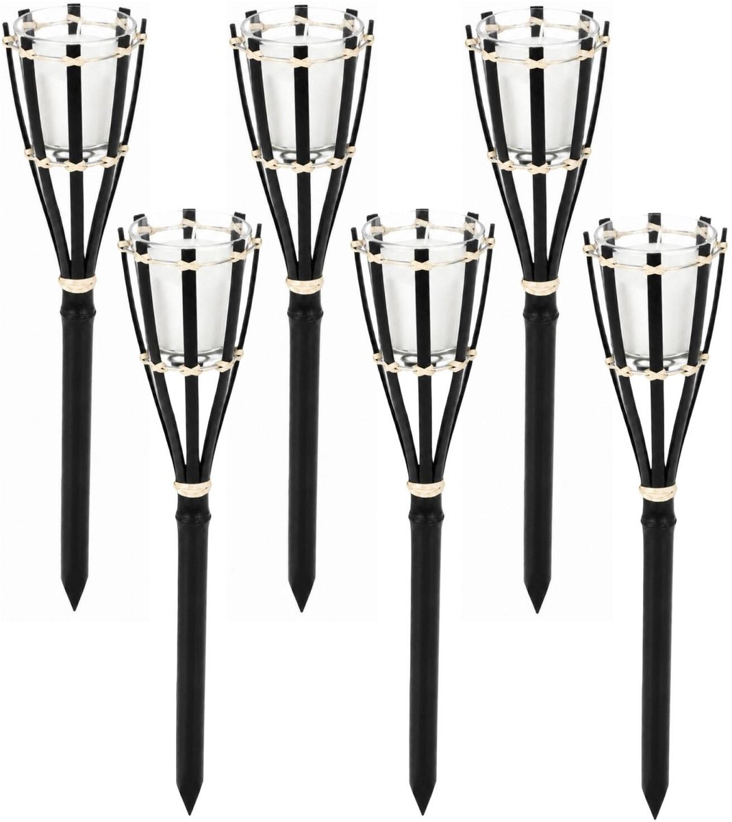 Pro Garden Tuinfakkel met kaars - 6x - bamboe - zwart - 30 cm - citronella - fakkels