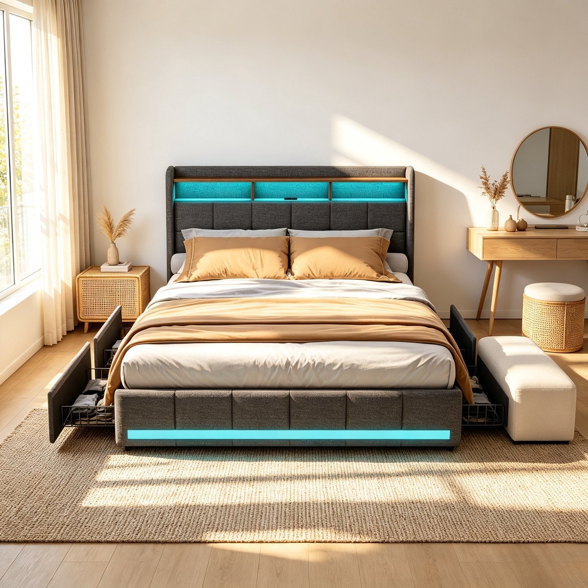 ROSAHQNDA Tweepersoonsbed 160x200 cm, gestoffeerd bed met LED-hoofdbord en 4 opberglades, modern design, linnen, grijs, zonder matras