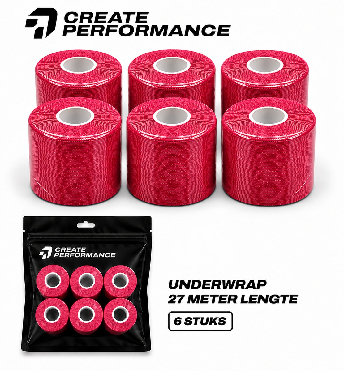 CREATE PERFORMANCE Underwrap tape - Voetbaltape - Fysio tape - Rood - 6 stuks - 7cm x 27m - Inclusief tape tas