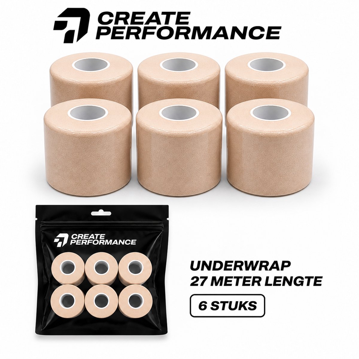 CREATE PERFORMANCE Underwrap tape - Voetbaltape - Fysio tape - Beige/Huid - 6 stuks - 7cm x 27m - Inclusief tape tas