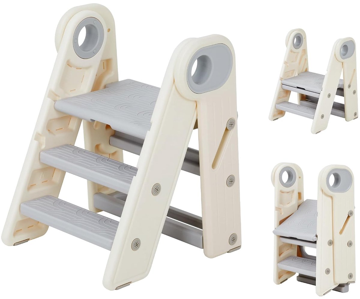 Opvouwbaar kinderopstapje met handgrepen - 3 verstelbare treden - antislip - voor badkamer, keuken en zindelijkheidstraining, grijs