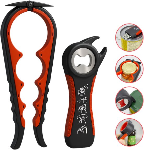 Un ouvre-boîte multifonctionnel rouge et noir avec quatre tailles différentes pour ouvrir les bocaux et un décapsuleur avec des accents rouges.
