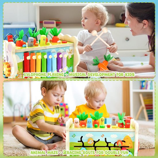 8-in-1 Montessori-speelgoed voor 1-jarigen: houten hamer- en klopspeelgoed met xylofoon voor peuters (1-3 jaar), tandwielen en worteloogstspel – ideaal als verjaardags- of paascadeau voor meisjes van 1 jaar en als educatief speelgoed voor baby's. van Flintry — afbeelding 5