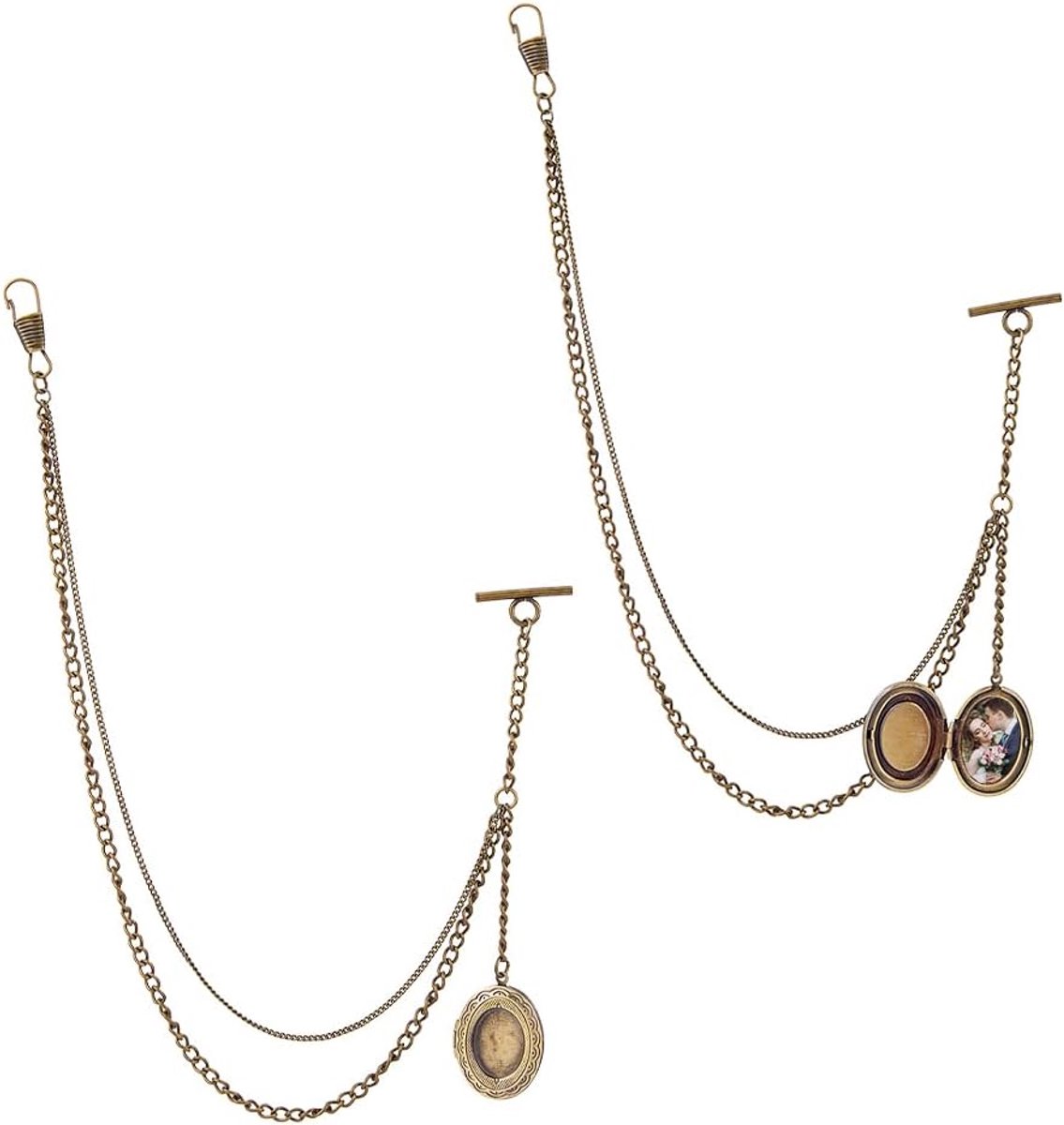 2 stuks zakhorloge kettingen messing enkele Albert ketting met medaillon hanger pak portemonnee kettingen T bar mannen zaklink antiek brons vintage Albert ketting met T-bar, lengte: 35,3