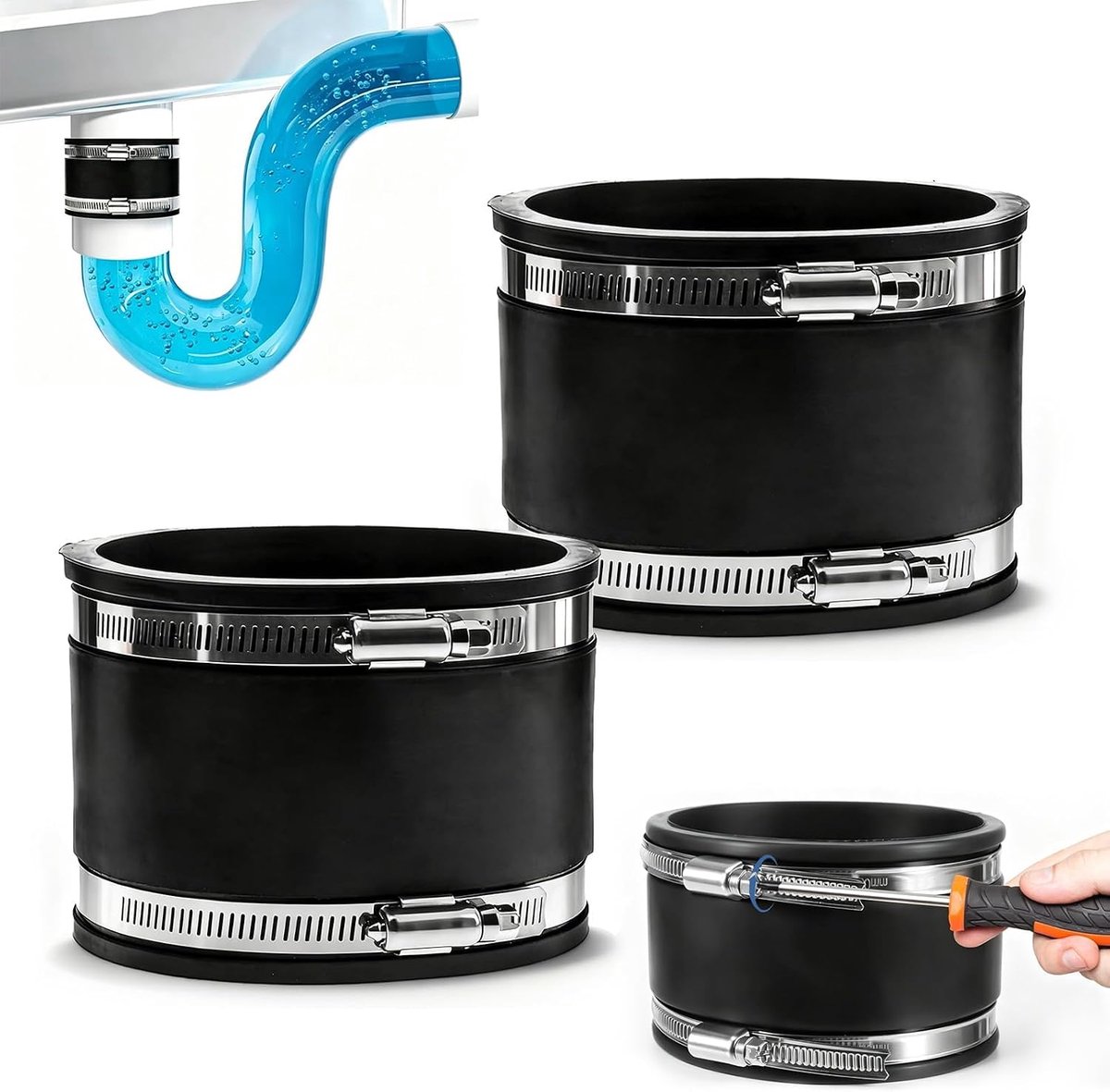 2 stuks flexibele rubberen verbindingsstukken rubberen 150 mm met 2 klemmen | Versterkte anti-condens-adapter, met klem, universele buisaansluiting voor ontluchting en reparatie