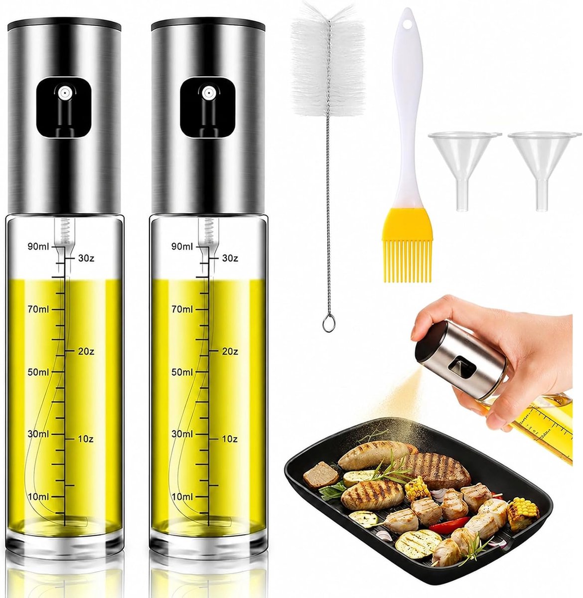 Set van 2 oliesproeiers voor voedingsolie 100 ml olie spuitfles glas keuken met schaalverdeling oliespray met trechter siliconen borstel voor koken heteluchtfriteuse grillen bakken salade