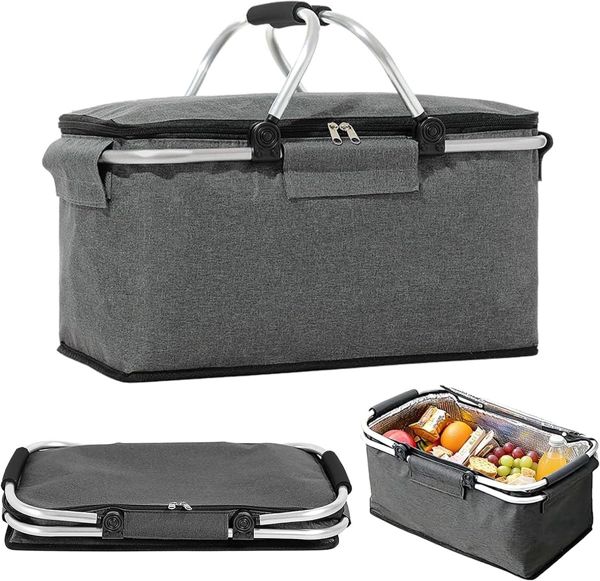 Boodschappenmand, opvouwbaar, 18 l, thermische draagmand als outdoormand, boodschappenmand met afdekking, isolatiecontainer, picknicktas, met ritssluiting en schouderhandgrepen, voor outdoor, vakantie