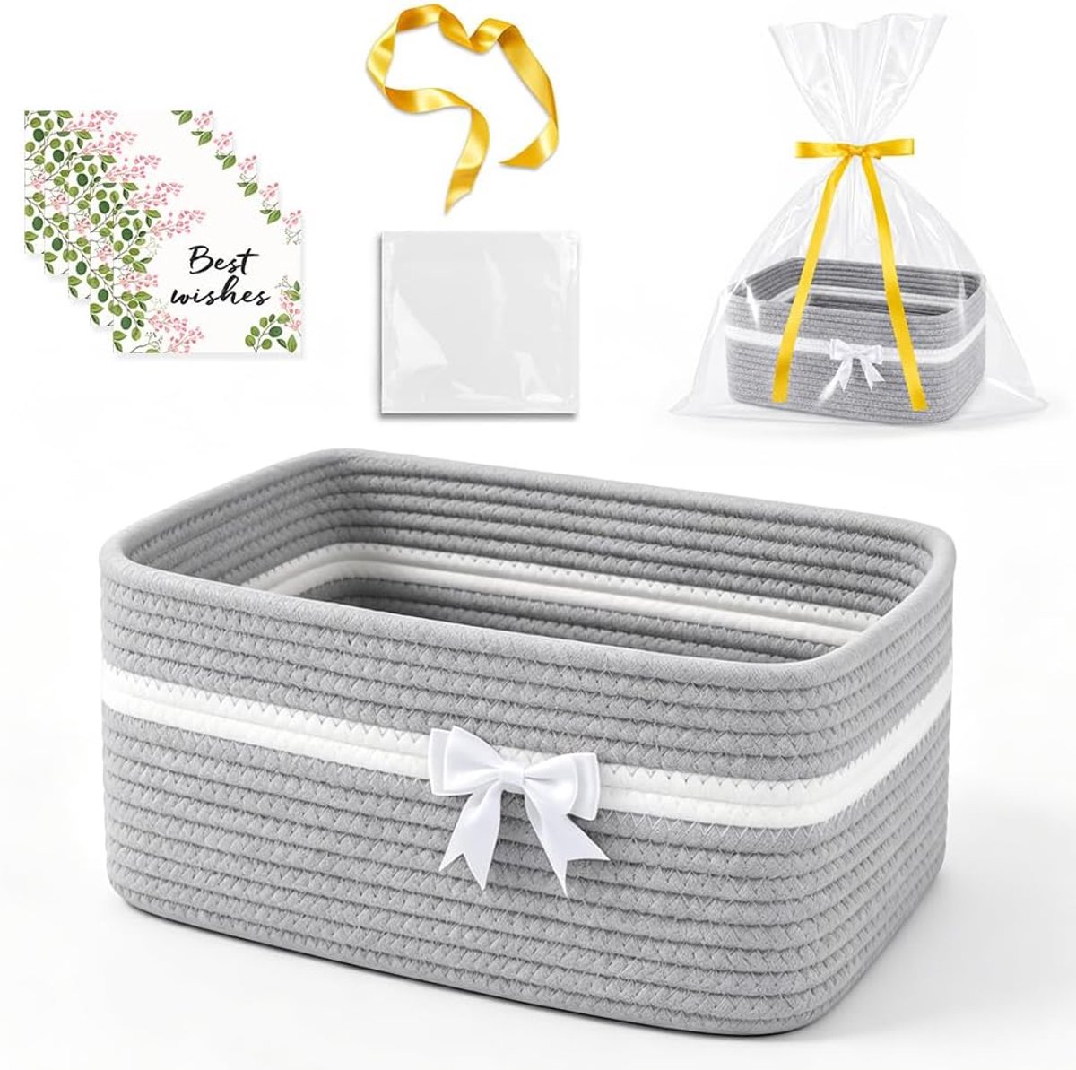 Cadeaumand, leeg, groot, van katoen, met handgrepen, 34 x 25 x 15 cm, mand voor geschenken met cadeauzakjes en linten, opbergmand voor verjaardag, bruiloft, babyshower, grijs