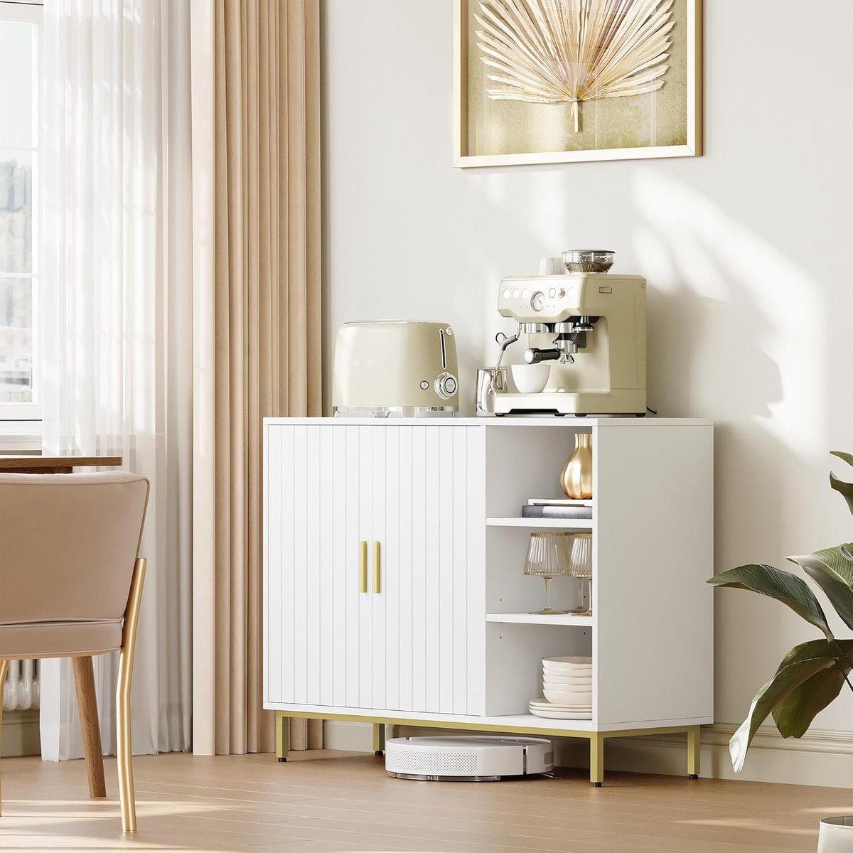 HILINSIE Badkamerkast Vrijstaand, 100 x 35 x 75 cm, Wit en Goud Vrijstaande Badkamerkast met Twee Deuren en Verstelbare Planken