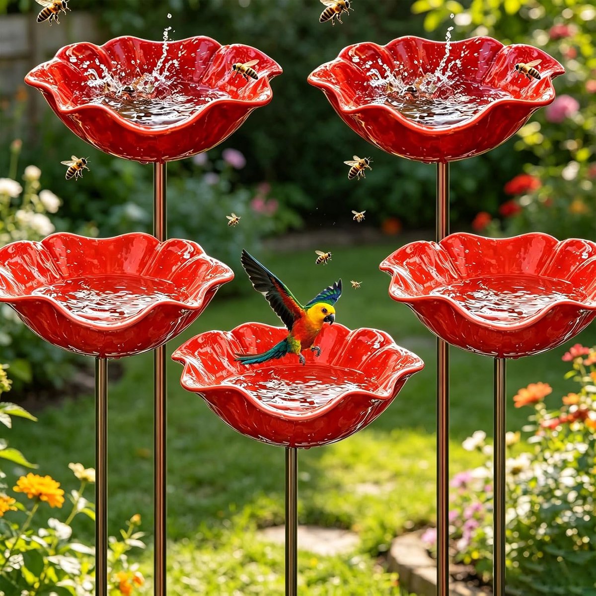 staand, 5 stuks waterbad voor vogels, vogelbad tuin, handgemaakt, bloemenvorm, vogelbad, insectenbak, tuin, bijendrinkbak, metaal, voor wilde vogels, vorstbestendig, tuin, achtertuin