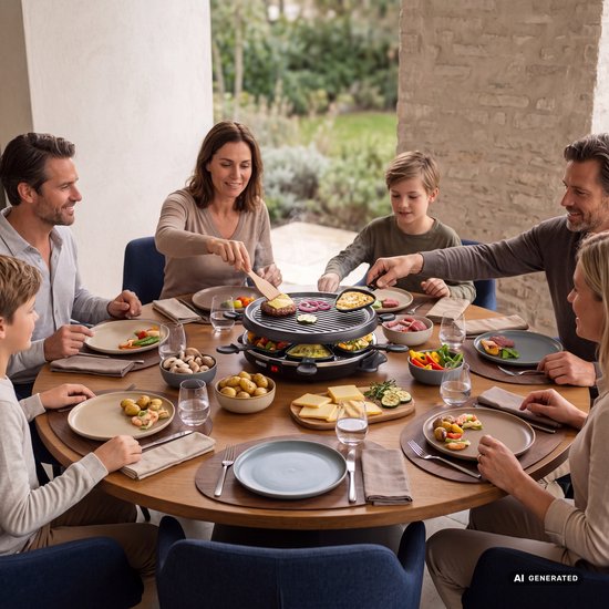 Gezin aan tafel met Princess gourmetstel. Eten van vlees, groenten en kaas van de raclette. Rond model.
