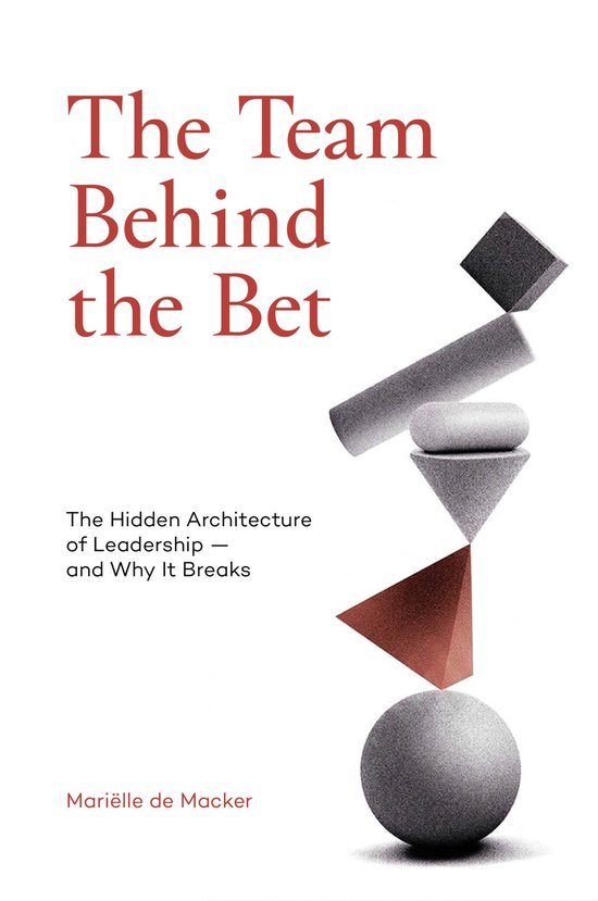 Boekomslag 'The Team Behind the Bet' met rode tekst. Een balans van geometrische vormen in grijs en roestbruin.