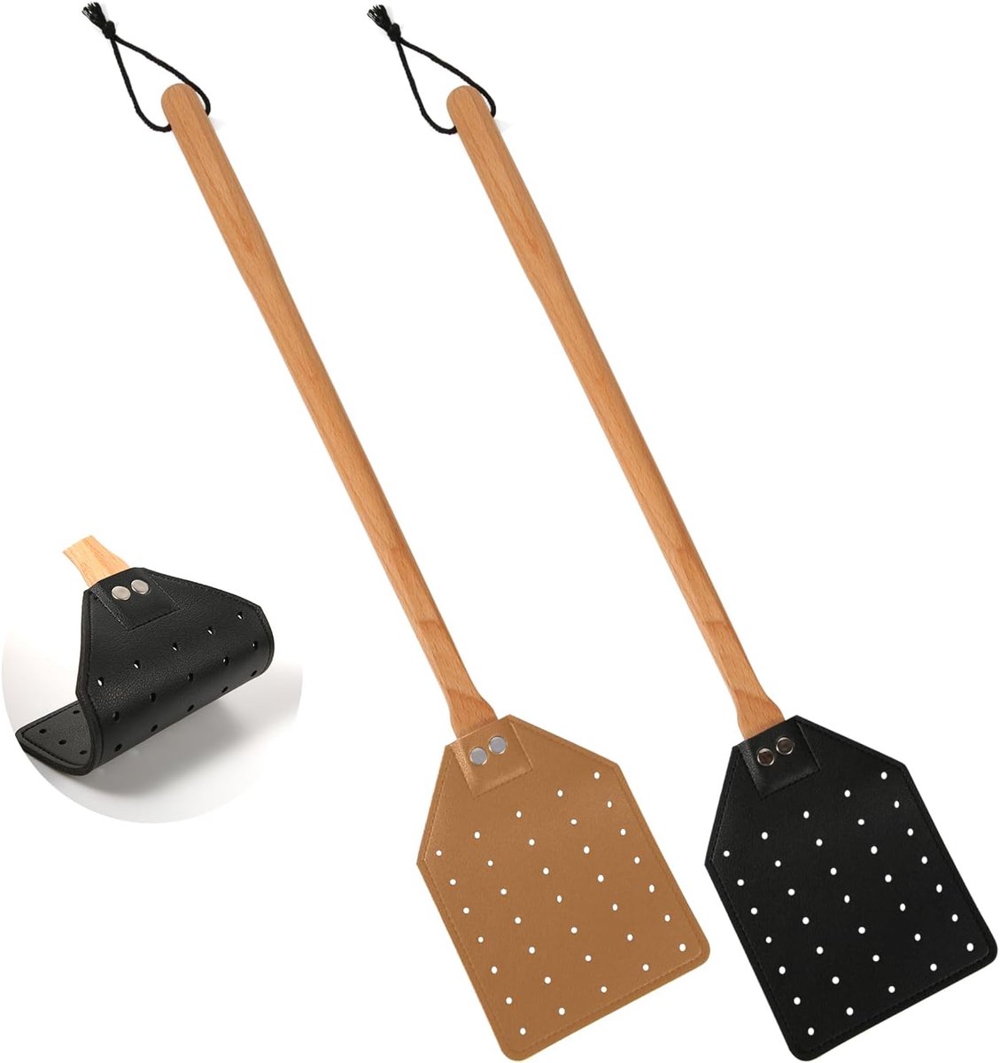 2 stuks - leren vliegenmeppers - 49,5 cm - vliegenmepper - met houten handvat – voor binnen en buiten - zwart, bruin - Leer-hout met Ophanglus - Muggenvanger & Vliegenvanger - Tegen Muggen Wespen Insecten en Vliegen - Muggen mepper