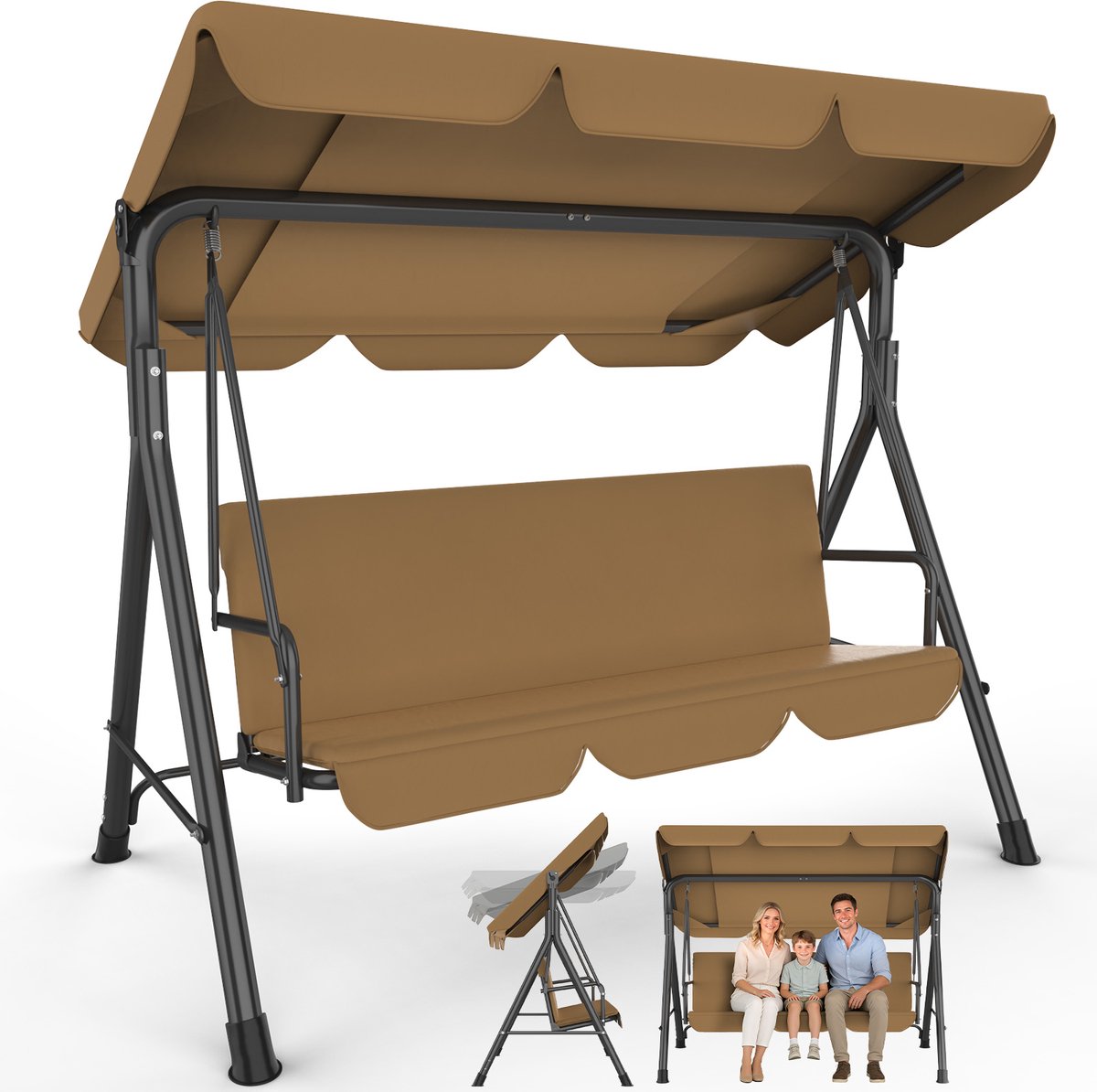 Arvioo Schommelbank 3-persoons-Donkerbruin-verstelbaar dak-max 200kg-tuin schommelstoel