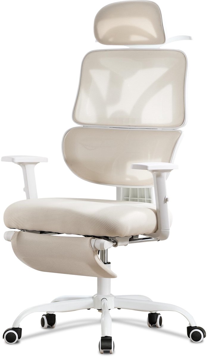 UEV 90°-135° Reclining Mesh Chair with Lumbar Support and Backrest, Ergonomic Office Chair with Headrest and Footrest, Desk Chairs with Comfort and Function, 63.5 x 70 x 118-128 cm, Beige