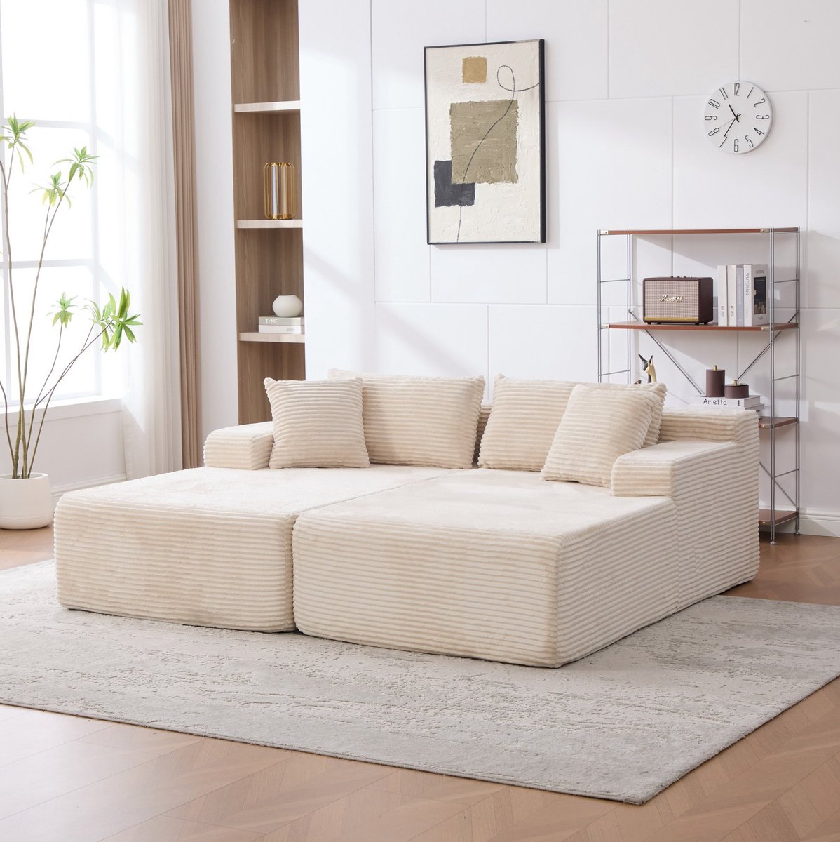 MEUNIQ Modulaire hoekbank 200 x 174 x 74,5 cm – chenille bank met chaiselongue, 30D schuimvulling, antislip onderzijde en kussen voor woonkamer – Ivoor