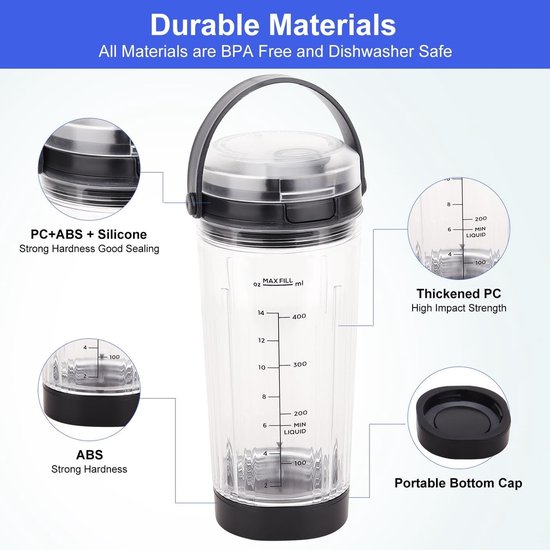 Vervangende Blenderbeker met Deksel voor Portable Blender - 18 oz (530ml) Accessoires voor Smoothies en Shakes, Geschikt voor Ninja Blast Series — afbeelding 2