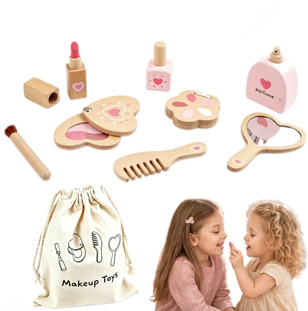 Houten Kindermake-up Speelset - Make-up Speelgoed voor Meisjes, Rollenspel Schoonheidsset met Opbergtas - Prinsessen Speel Cadeau voor Kinderen 3,4,5 en 6 Jaar