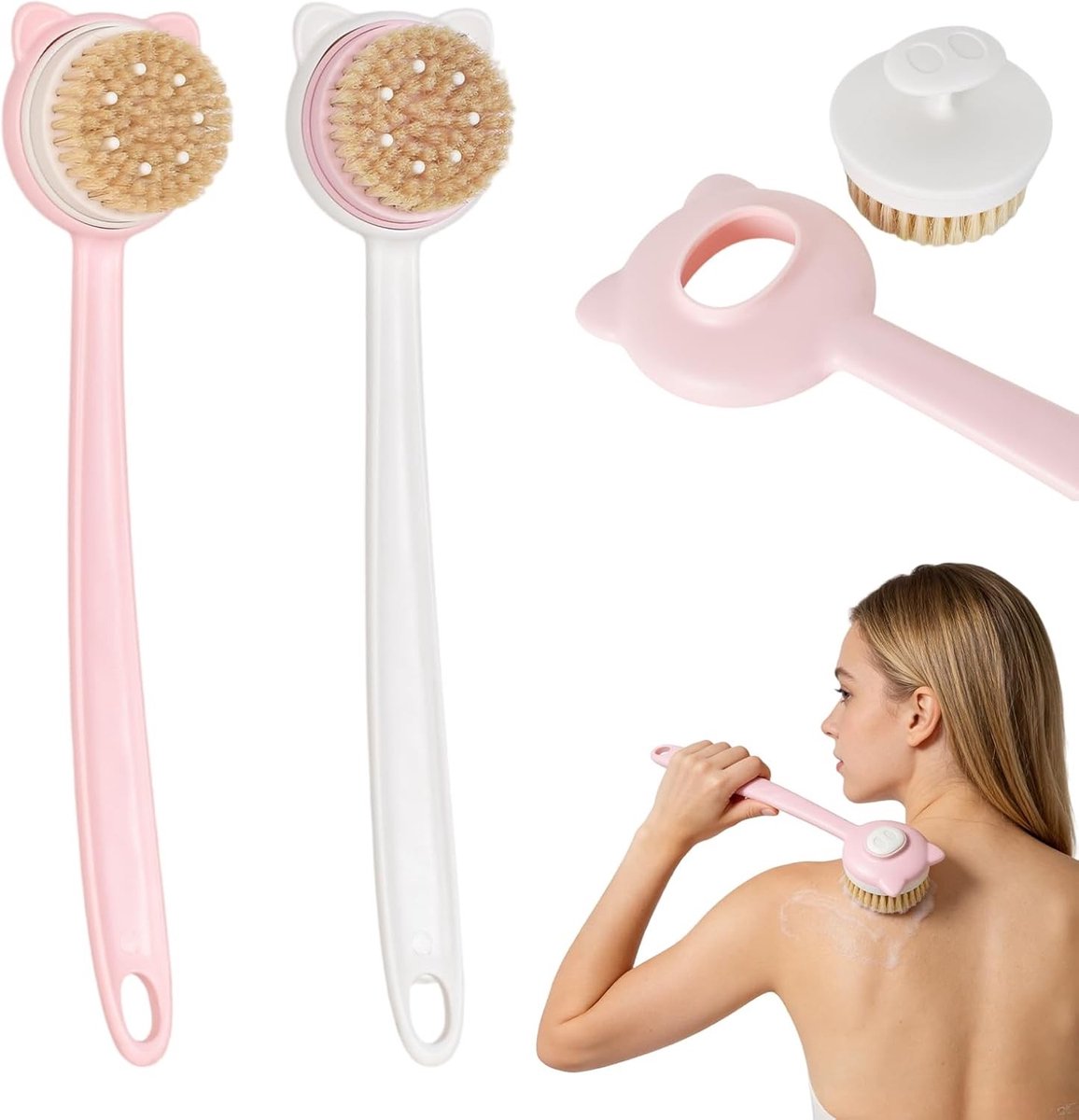 Lange Handgreep Badborstel voor Lichaam: Exfoliator met Harde en Zachte Haren voor Drogen en Nassen, Geschikt voor Volwassenen en Ouderen (Roze/Wit)