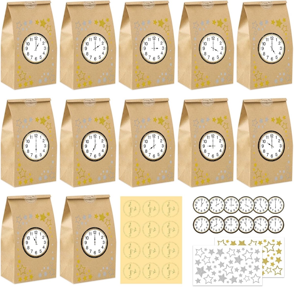 Oudejaarsavond Countdown cadeauzakjes van kraftpapier, 12 stuks met sterstickers voor een feestelijk nieuwjaar, perfect voor feestaccessoires en verrassingen