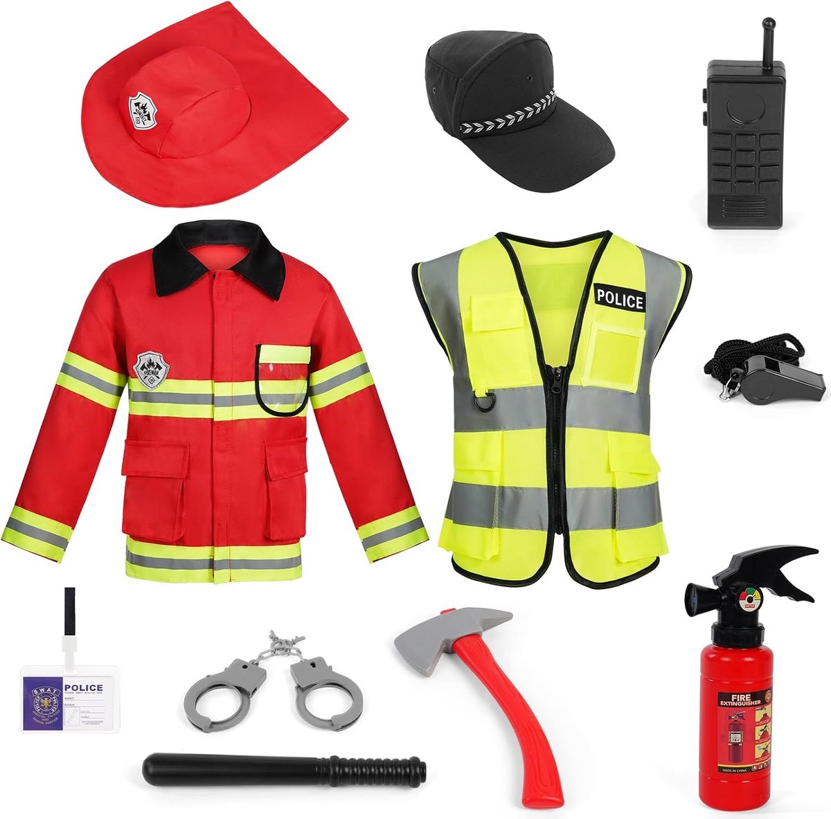 Kinder Brandweerman Kostuum, 11 Delen, Inclusief Accessoires voor Rollenspel, Halloween Kostuum, Speelgoed voor Kinderen, Verkleedkleding