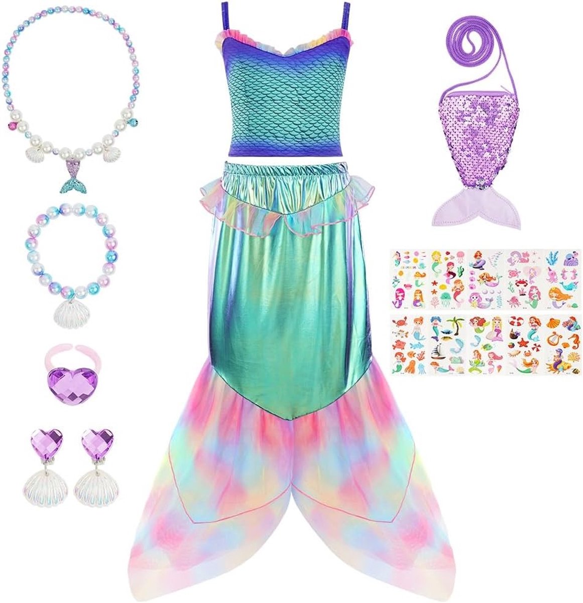 Mermaid Prinses Kostuum met Accessoires zoals Tassen, Sieraden en Stickers voor Halloween, Verjaardag en Cosplay